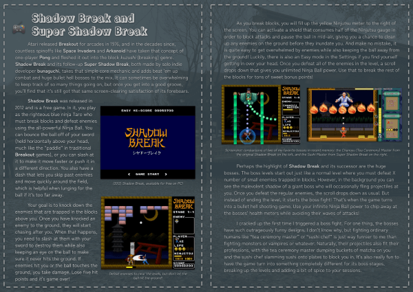A screenshot of a spread from an upcoming issue of Indie Tsushin, featuring an article about Shadow Break and Super Shadow Break.