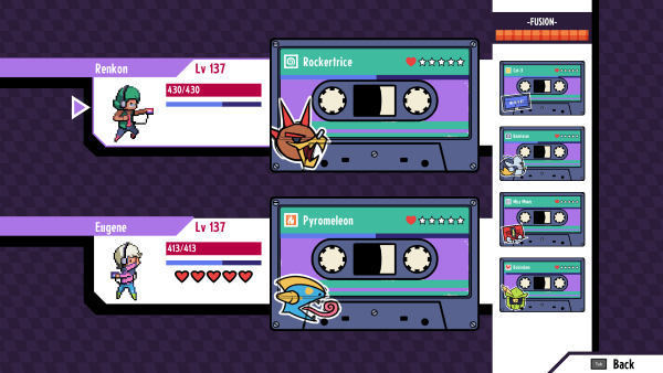 Screenshot of Cassette Beasts party with Rockertrice, Pyromeleon, Cat-3, Ramtasm, Miss Mimic, and Robindam