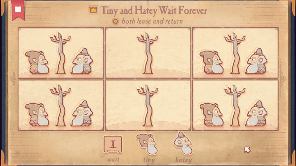 Puzzle in Storyteller titled 'Tiney and Hatey wait forever' with two dwarves standing under a tree for six panels.
