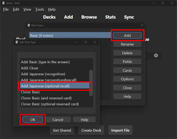 Adding 'Japanese (optional recall)' note type