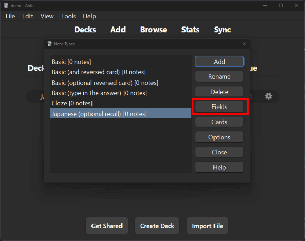 'Japanese (optional recall)' note type highlighted with Fields button in red