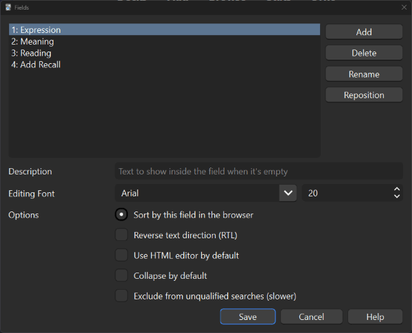 Fields window that shows Expression, Meaning, Reading, Add Recall fields for the 'Japanese (optional recall)' note type