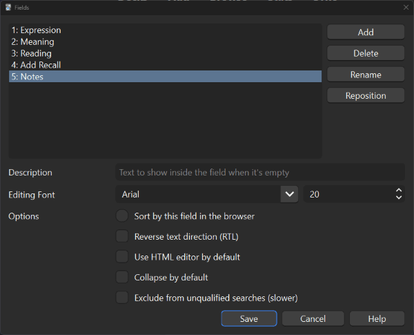 Fields window that shows Expression, Meaning, Reading, Add Recall, Notes fields for the 'Japanese (optional recall)' note type