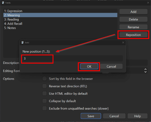 Repositioning 'Meaning' field to 3