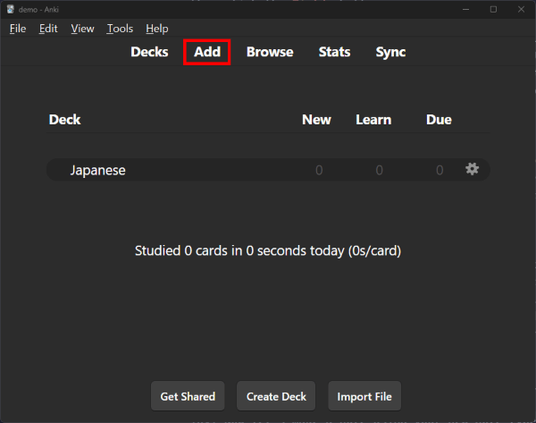 Main Anki window with 'Add' button in red