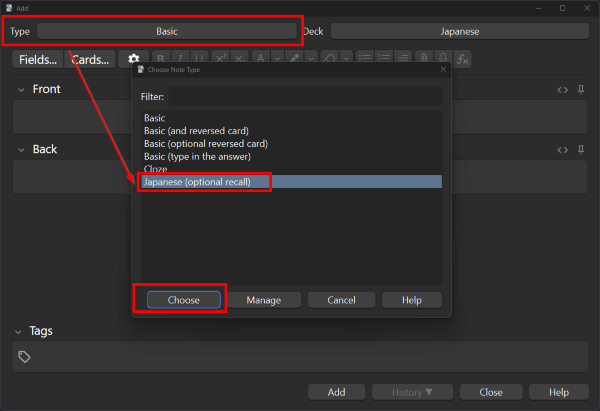 Changing the note type to 'Japanese (optional recall)'