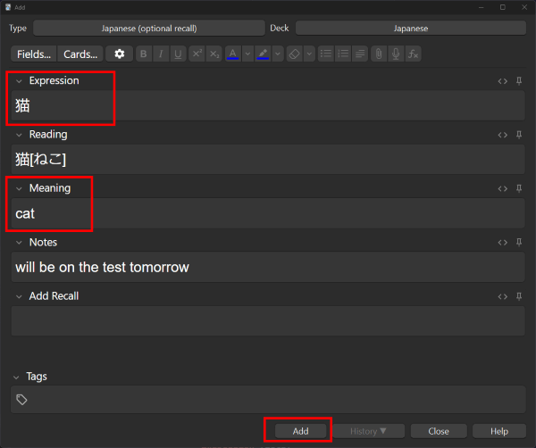 Note with the kanji for cat in the Expression field, hiragana 'neko' in the Reading field, and the English word 'cat' in the Meaning field. The 'Add' button is highlighted in red.