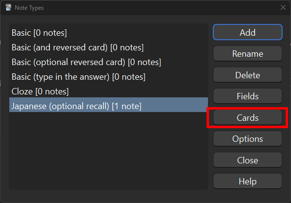 Note types with 'Japanese (optional recall)' highlighted, and the Cards button outlined in red.