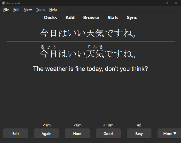 Japanese sentence "The weather is fine today, isn't it?" followed by the furigana reading, and then the English translation