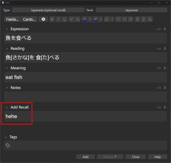 The word "hehe" written in the Add Recall field of the "eat fish" note