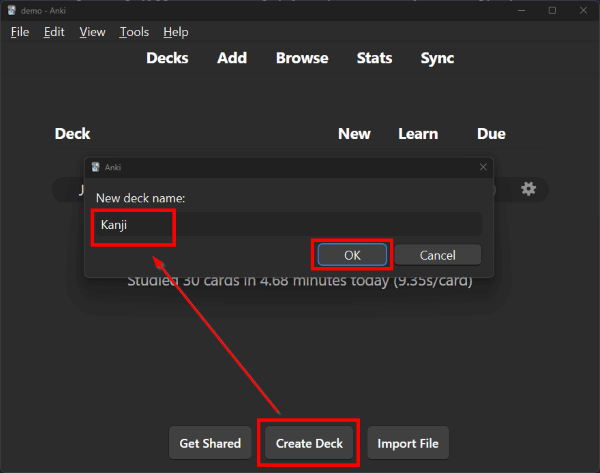 The Create button outlined in red, pointing to a new window asking to name our new deck Kanji, with the OK button highlighted