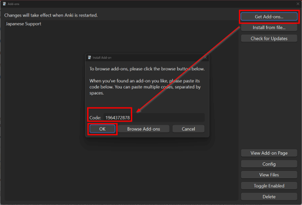 Inputting the code into Anki's Add-ons window and clicking OK