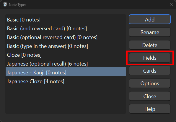 The "Japanese - Kanji" note type highlighted and the Fields button outlined in red