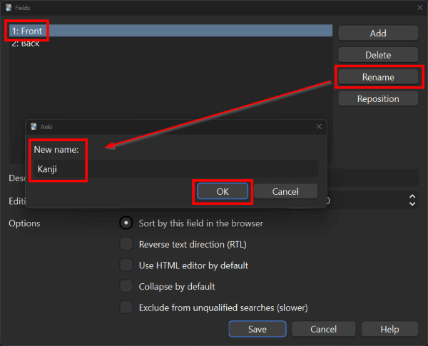 Naming the "Front" field to "Kanji"