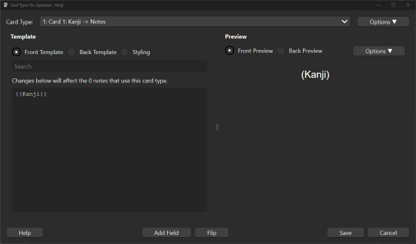 The card template editor for the Kanji notes