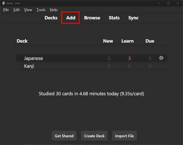 The main Anki window with the Add button outlined in red