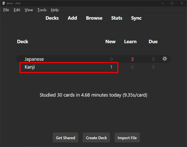 Anki main window with the Kanji deck highlighted and showing one new card to review