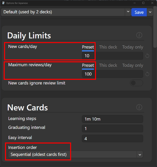 Daily Limits section with "New cards/day" set to Preset: 10 and "Maximum reviews/day" set to Preset: 100. Under the New Cards section, "Insertion order" is set to "Sequential (oldest cards first)"