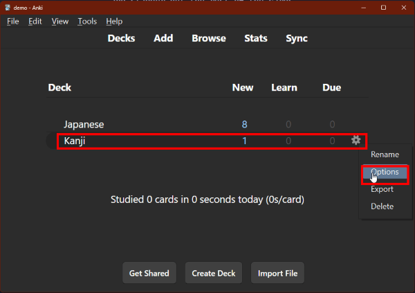 Anki main window highlighting the gear icon next to the Kanji deck, with Options highlighted in the drop-down menu