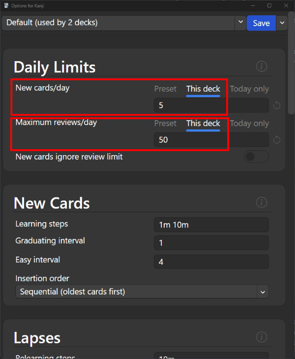 Under Daily Limits, "New cards/day" is set to This deck: 5. "Maximum reviews/day" is set to This deck: 50.