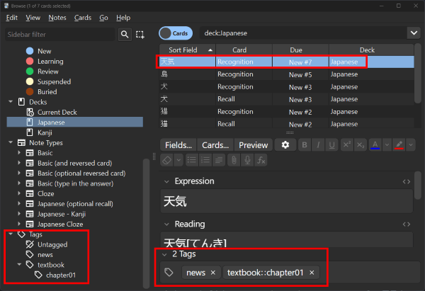 Anki Browser window showing the tags in the left-hand navigation, and the "weather" note highlighted with the tags "news" and "textbook::chapter01"