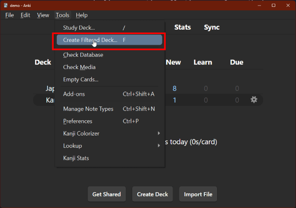 Anki main window going to the Tools menu and selecting "Create Filtered Deck..."