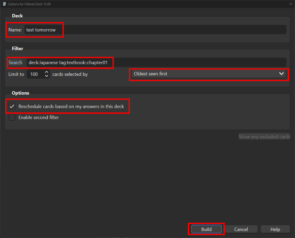 Adding a filtered deck named "test tomorrow," with Search conditions "deck: Japanese tag:textbook::chapter01" and "Oldest seen first", and "Reschedule cards based on my answers in this deck" checked. At the bottom the "Build" button is outlined in red.