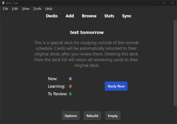 The "test tomorrow" filtered deck with an explanation of the filtered deck, showing 6 cards to review.
