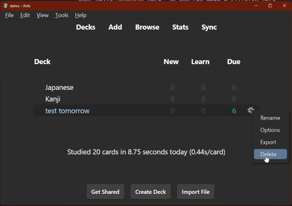 The main Anki window with the gear icon highlighted next to the "test tomorrow" deck and Delete highlighted in the drop-down menu.