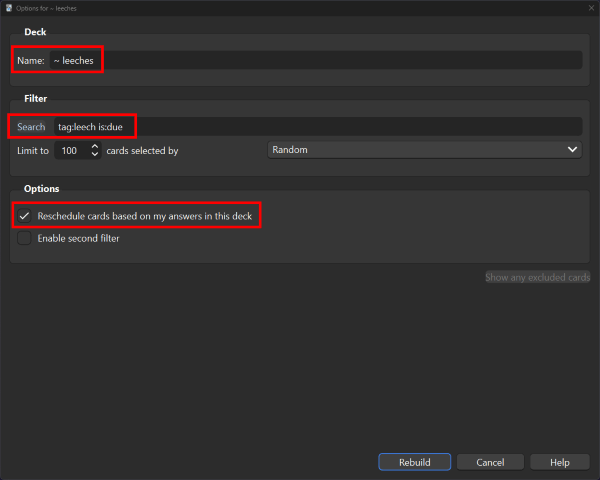 Options for filtered deck for a leech deck with the above parameters filled in