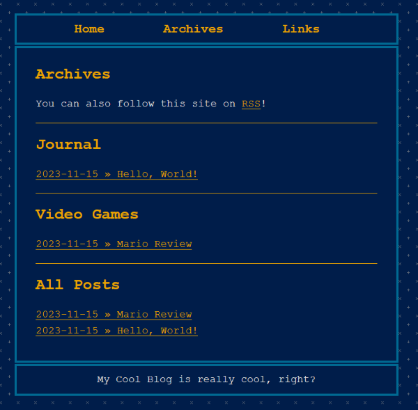 The archives.html page with new sections for Journal, Video Games, and All Posts compiled using the updated archives.md