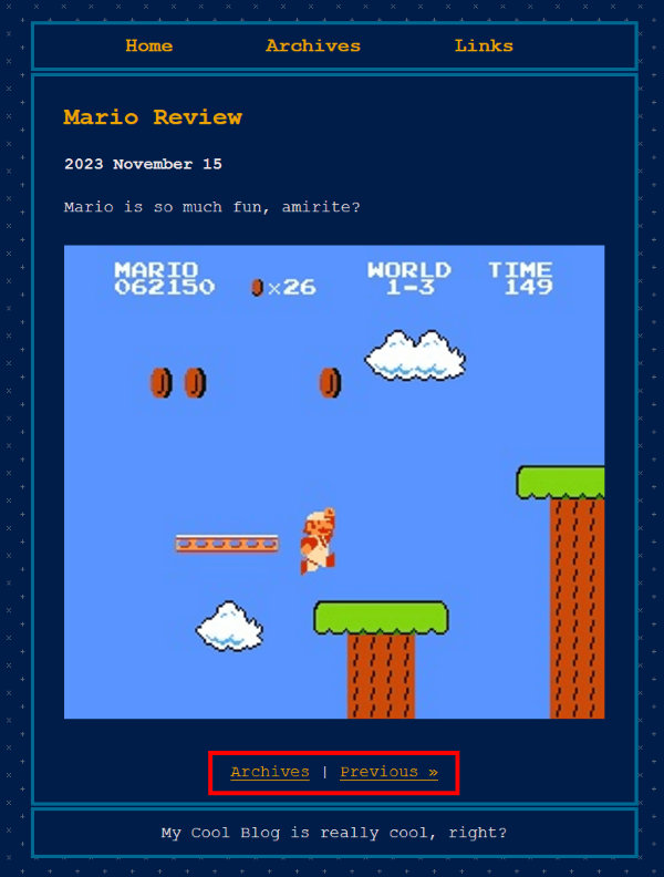 The 2023-11-15-Mario-Review.md blog post compiled into an HTML page with the screenshot of Super Mario Bros on NES. A red box outlines the 'Previous' navigation at the bottom
